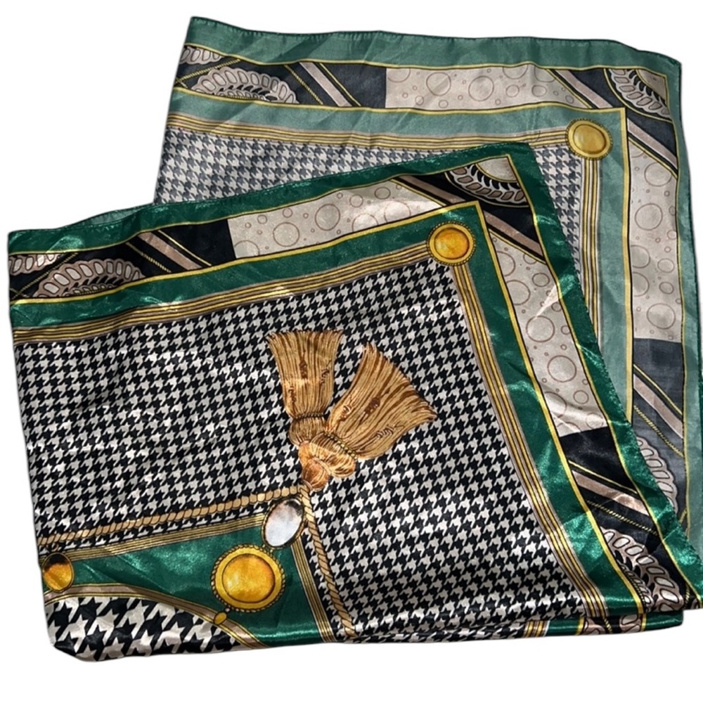 Green & Gold Square Scarf | 90cm Silk-Style Fashion Accessory